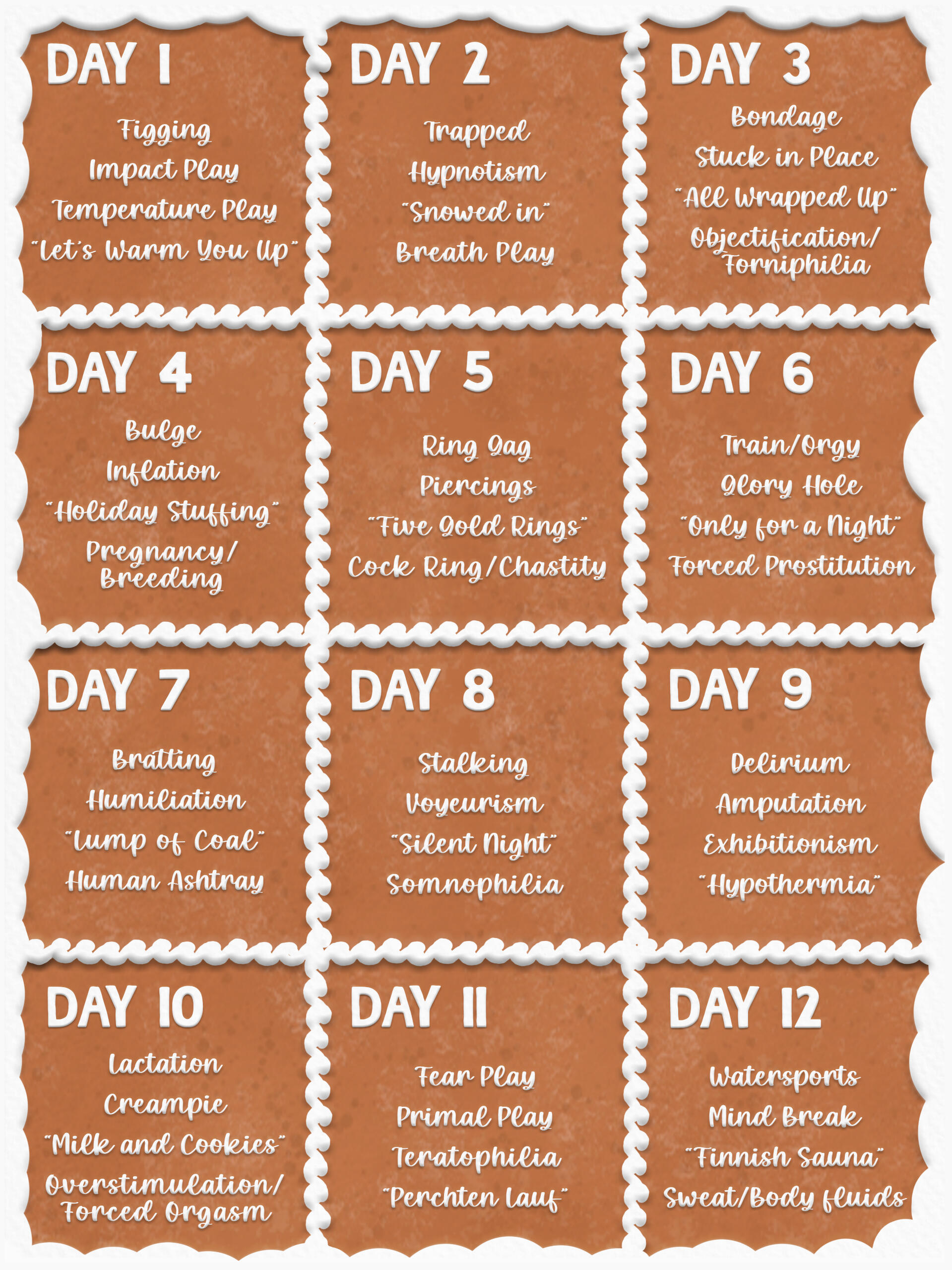 A large piece of gingerbread with icing along the edges and dividing the cookie into 12 parts. The daily prompts are written in white swirling icing.